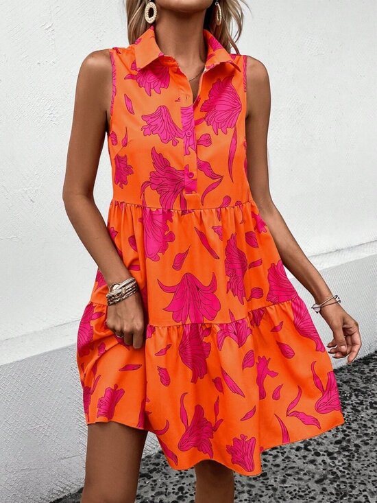 Dresses & Skirts - Orange Cute Women's Floral Print Ruffle Hem Dress